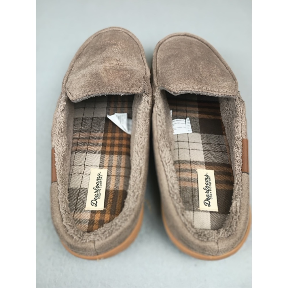 Dearfoams Mens Clog Slippers Taupe Brown Plaid Faux Fur Lined Size L 11-12 - Picture 2 of 7